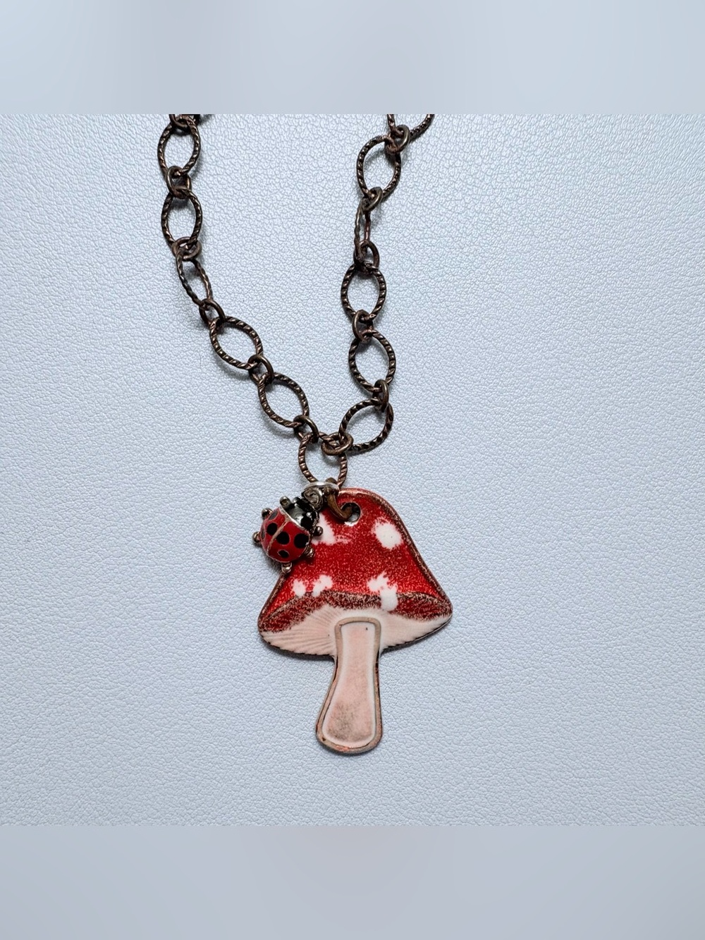 Mushroom Pendant chain Necklace Ladybug whimsy cottagecore